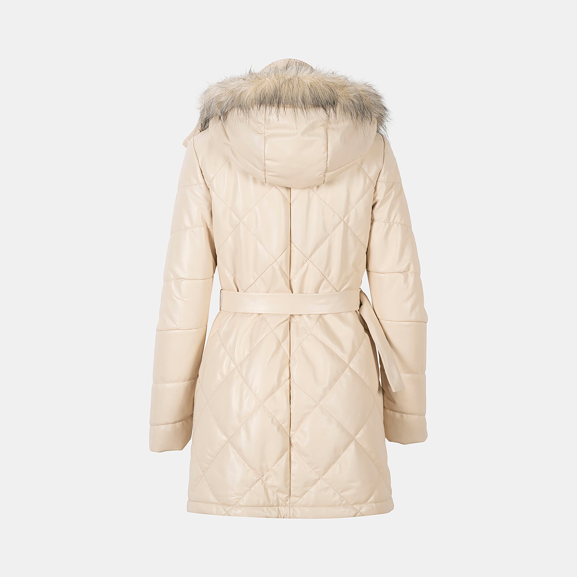 Kadın Krem Hakim Yakalı Kapüşonlu Deri Mont