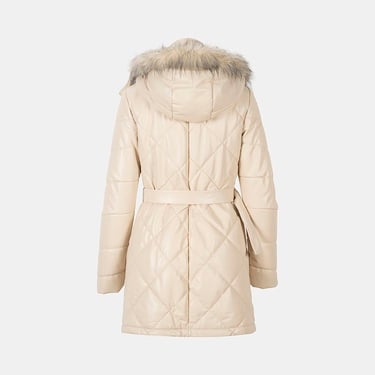  Kadın Krem Hakim Yakalı Kapüşonlu Deri Mont