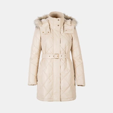  Kadın Krem Hakim Yakalı Kapüşonlu Deri Mont