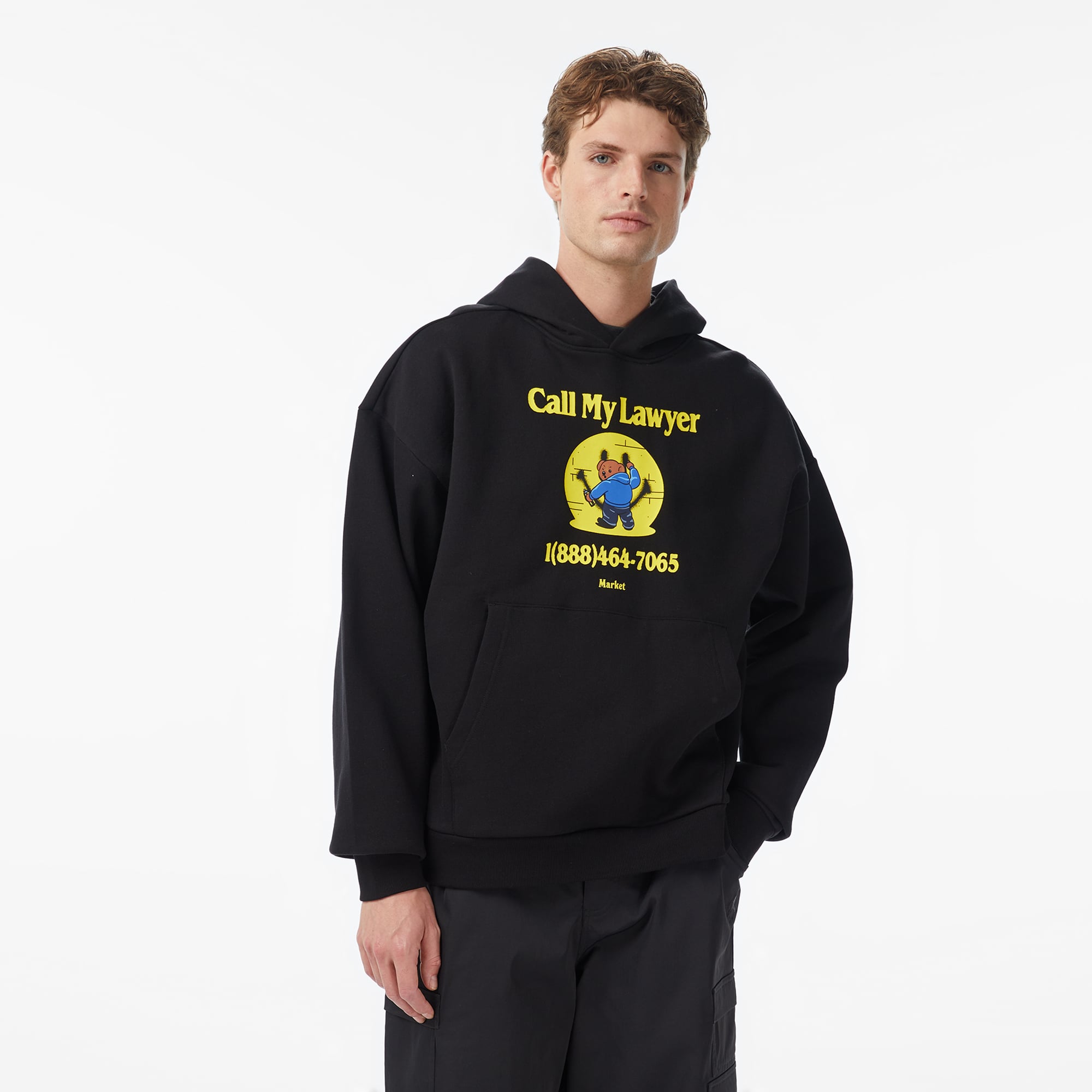  Market Smiley Call My Lawyer Bear Erkek Siyah Hoodie