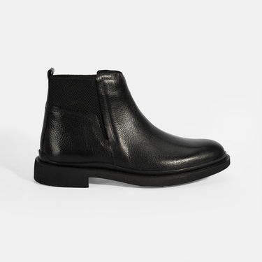  Erkek Siyah Lastik Detaylı Deri Bot