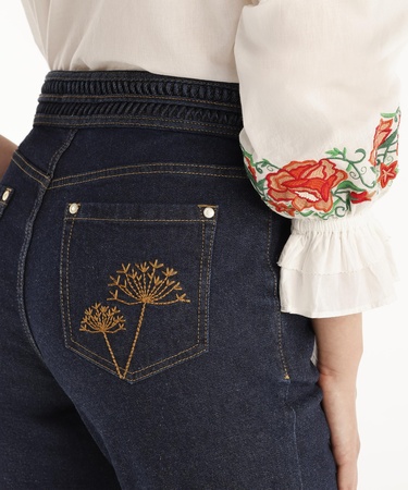  YARGICI Nakış Detaylı Yüksek Bel Denim Pantolon