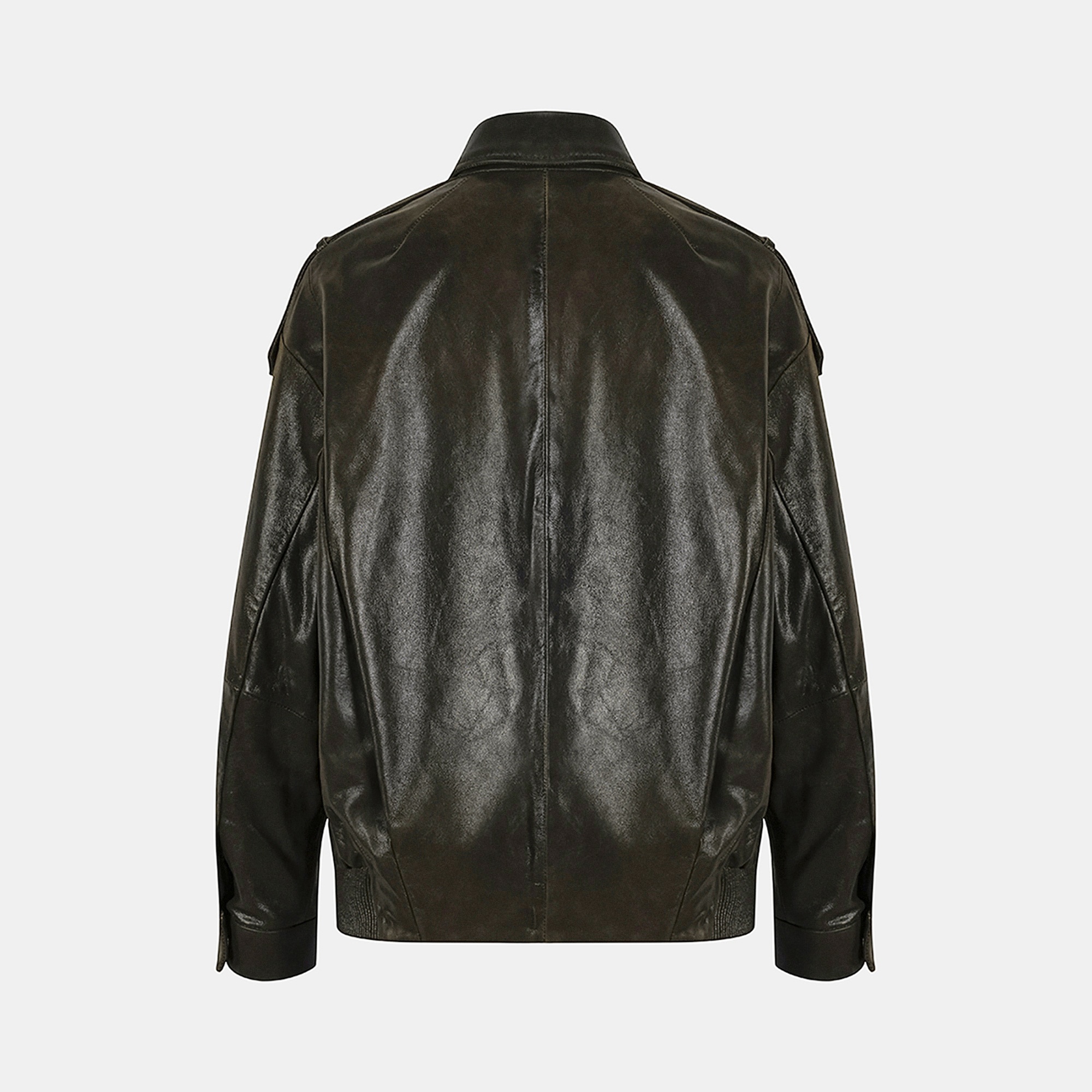 Kadın Yeşil Gömlek Yakalı Deri Bomber Ceket