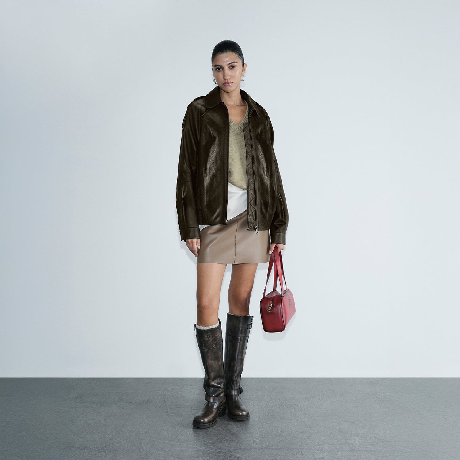  Kadın Yeşil Gömlek Yakalı Deri Bomber Ceket