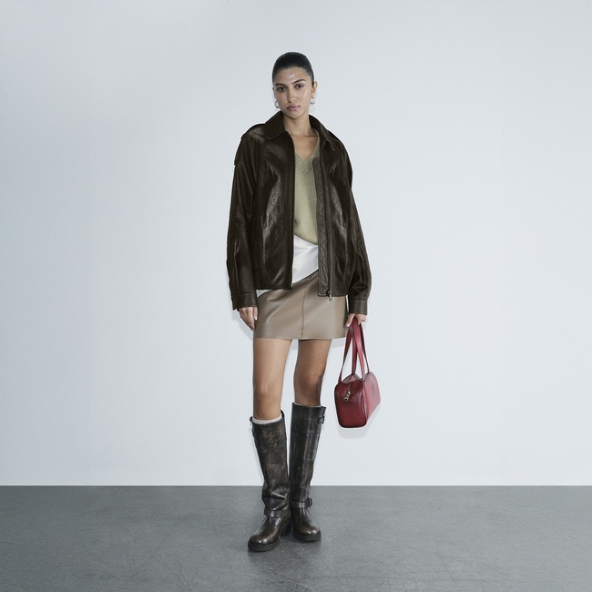  Kadın Yeşil Gömlek Yakalı Deri Bomber Ceket