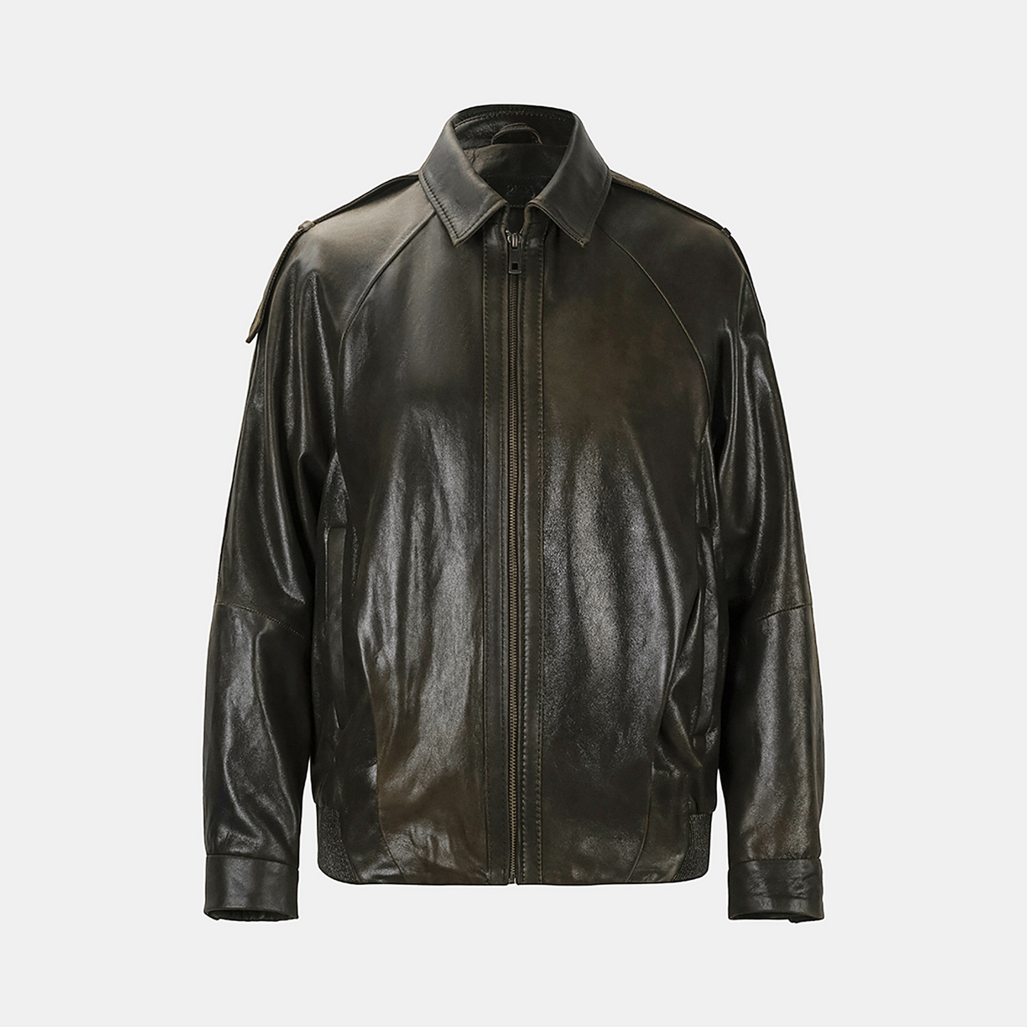 Kadın Yeşil Gömlek Yakalı Deri Bomber Ceket