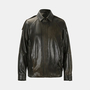  Kadın Yeşil Gömlek Yakalı Deri Bomber Ceket