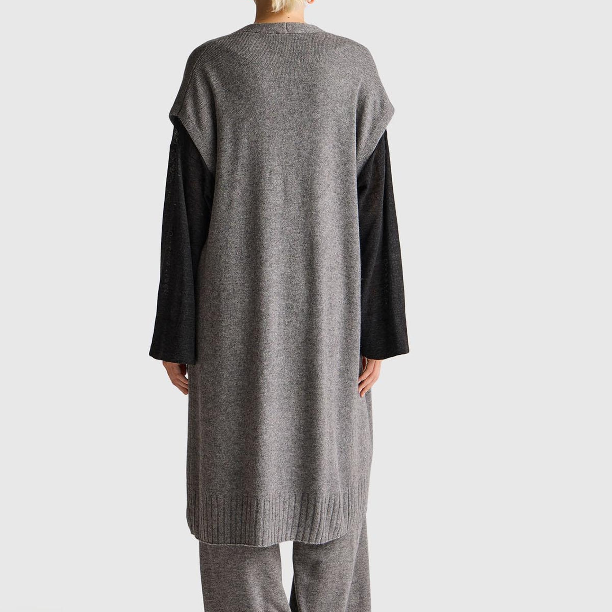 Kadın Antrasit Melanj Yün ve Kaşmir Karışımlı Ribana Detaylı Kısa Kollu Uzun Hırka