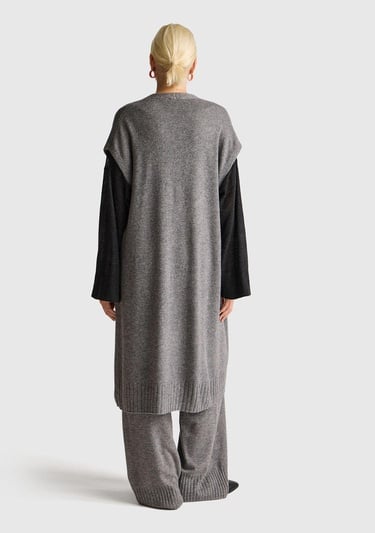  Kadın Antrasit Melanj Yün ve Kaşmir Karışımlı Ribana Detaylı Kısa Kollu Uzun Hırka