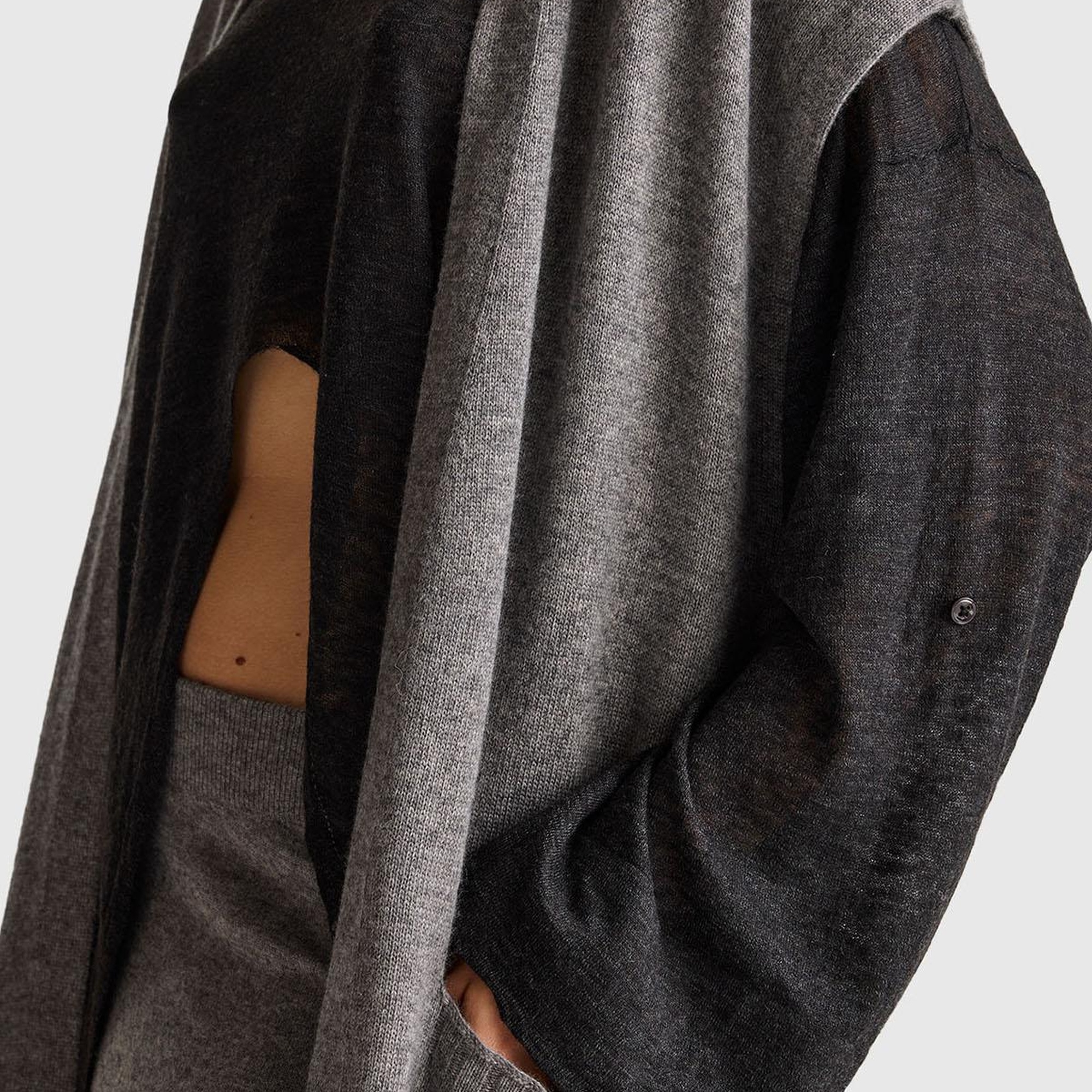 Kadın Antrasit Melanj Yün ve Kaşmir Karışımlı Ribana Detaylı Kısa Kollu Uzun Hırka