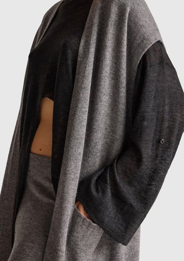  Kadın Antrasit Melanj Yün ve Kaşmir Karışımlı Ribana Detaylı Kısa Kollu Uzun Hırka