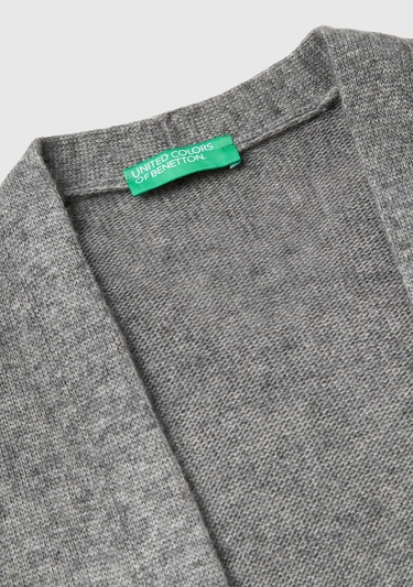  Kadın Antrasit Melanj Yün ve Kaşmir Karışımlı Ribana Detaylı Kısa Kollu Uzun Hırka