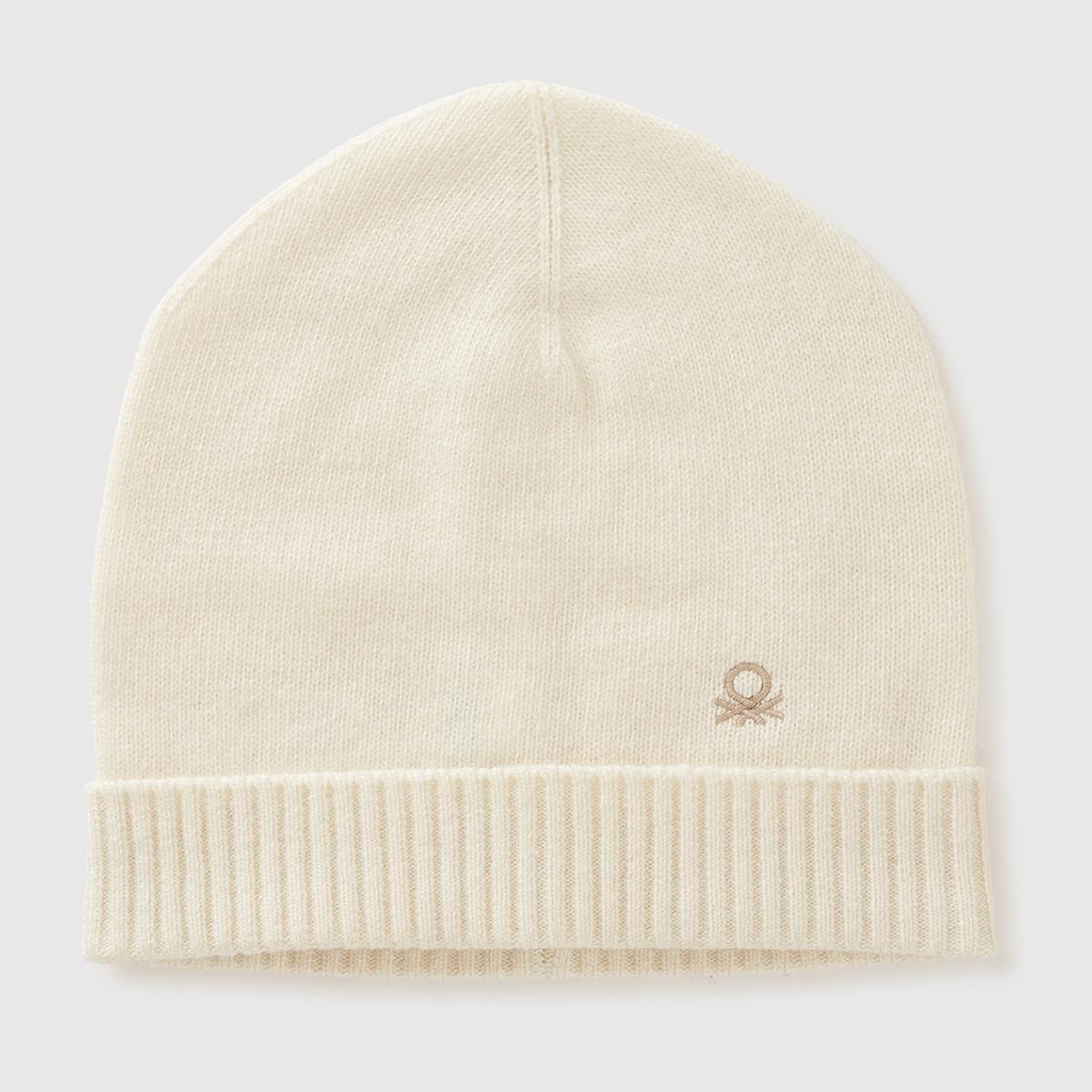 Kadın Krem Yün ve Kaşmir Karışımlı Önü Logo Detaylı Ribana Detaylı Bere