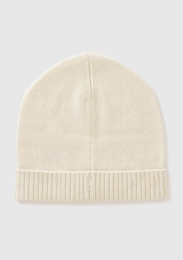  Kadın Krem Yün ve Kaşmir Karışımlı Önü Logo Detaylı Ribana Detaylı Bere