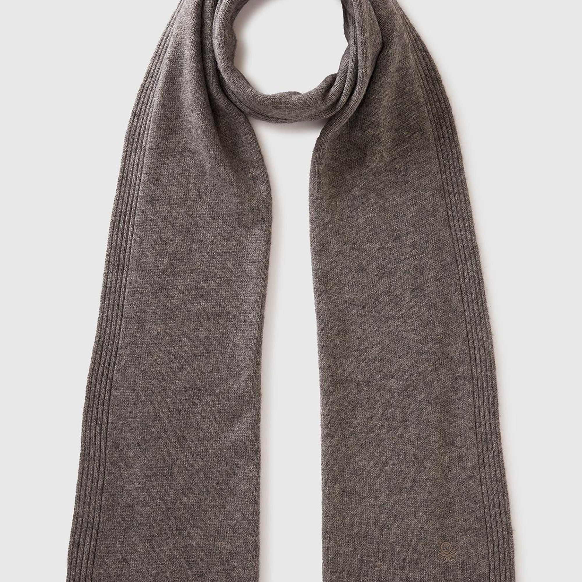 Kadın Antrasit Melanj Yün ve Kaşmir Karışımlı Logo Detaylı Ribanalı Atkı