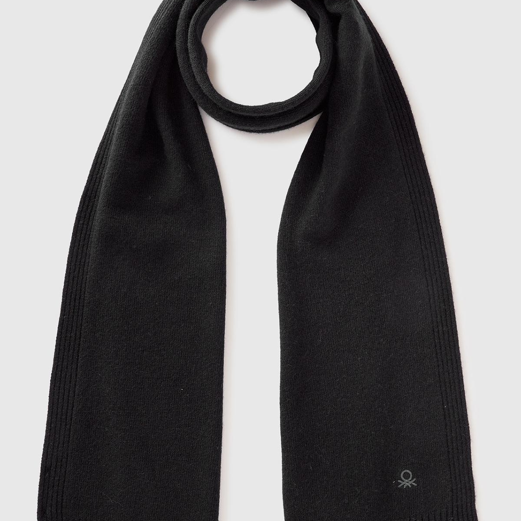 Kadın Sİyah Yün ve Kaşmir Karışımlı Logo Detaylı Ribanalı Atkı