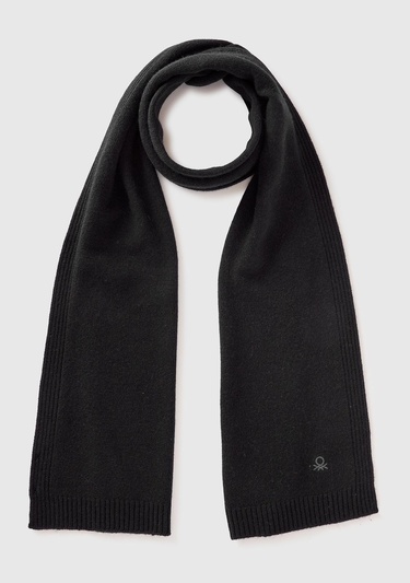  Kadın Sİyah Yün ve Kaşmir Karışımlı Logo Detaylı Ribanalı Atkı