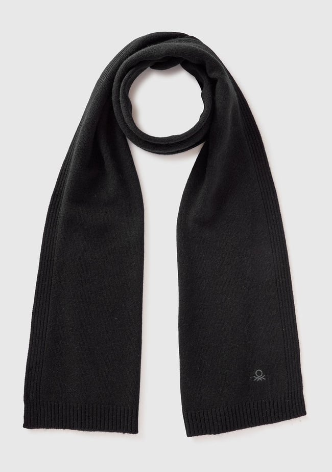  Kadın Sİyah Yün ve Kaşmir Karışımlı Logo Detaylı Ribanalı Atkı