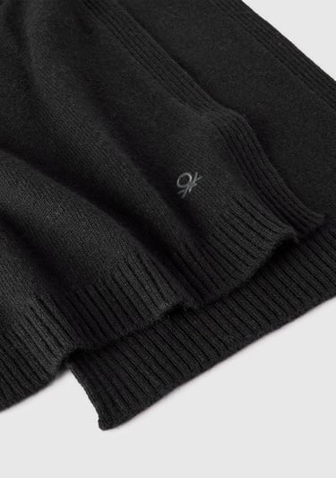  Kadın Sİyah Yün ve Kaşmir Karışımlı Logo Detaylı Ribanalı Atkı