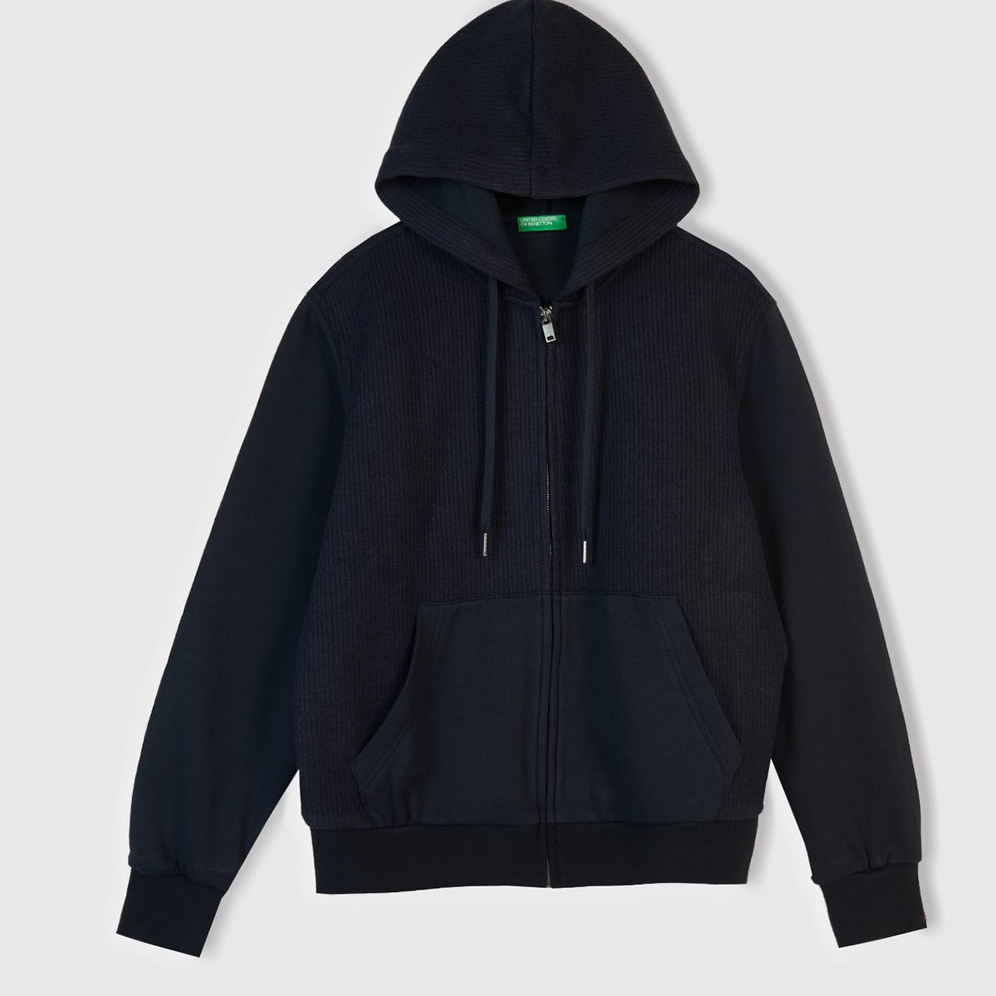 Erkek Lacivert Pamuk ve Yün Karışımlı Cepli Fermuarlı Kapüşonlu Sweatshirt