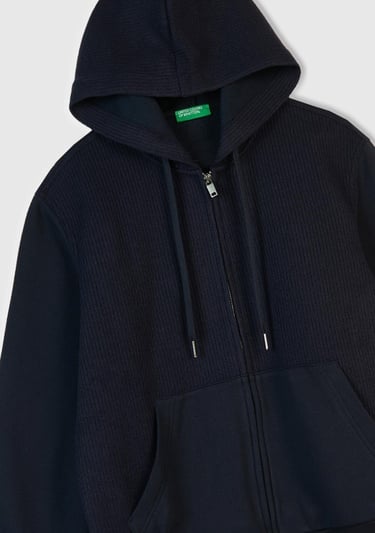  Erkek Lacivert Pamuk ve Yün Karışımlı Cepli Fermuarlı Kapüşonlu Sweatshirt