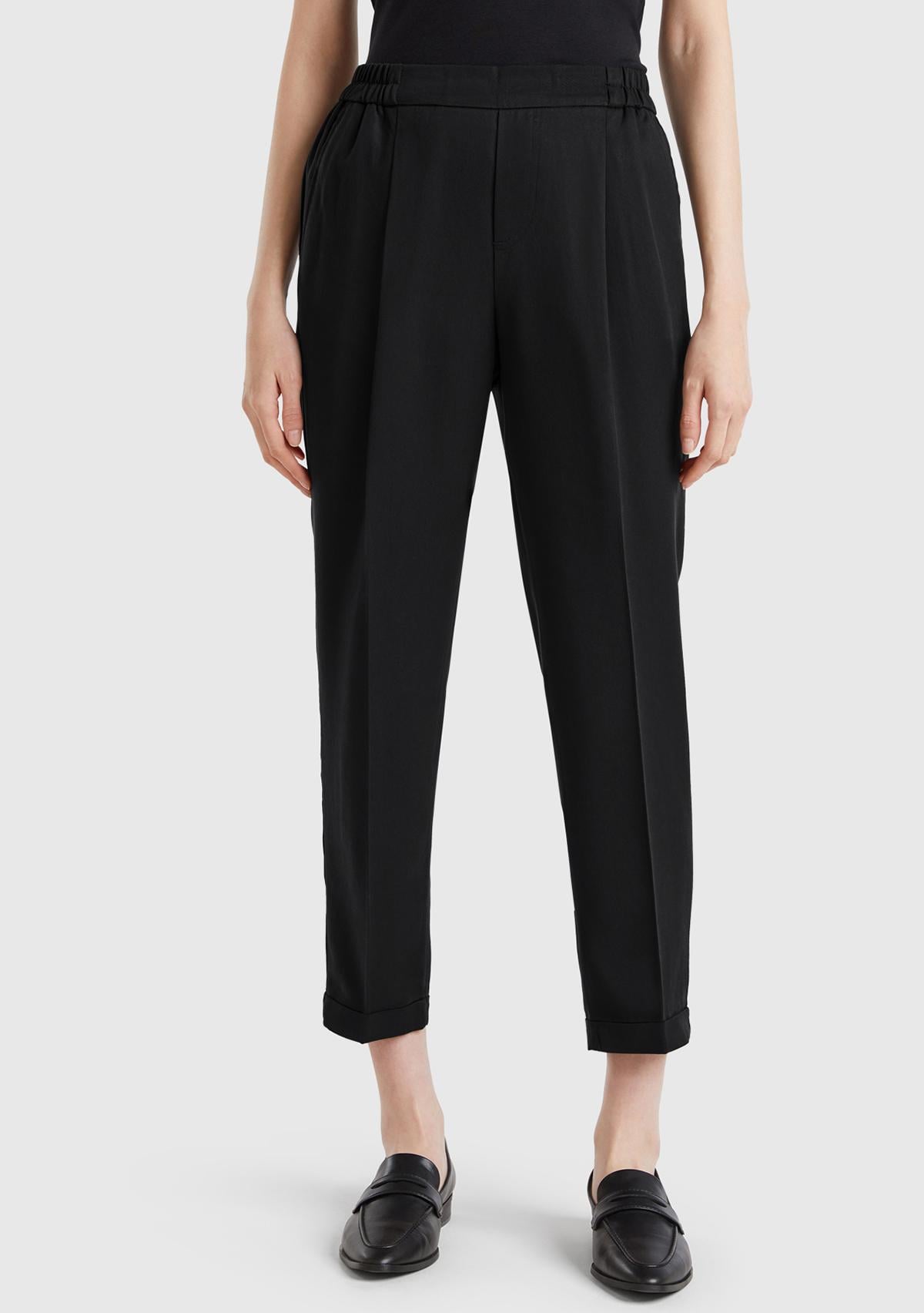  Kadın Siyah %100 Liyosel Paçası Kıvrımlı Beli Lastikli Pantolon