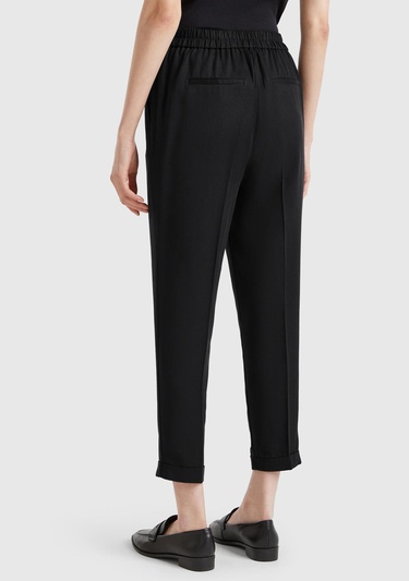  Kadın Siyah %100 Liyosel Paçası Kıvrımlı Beli Lastikli Pantolon