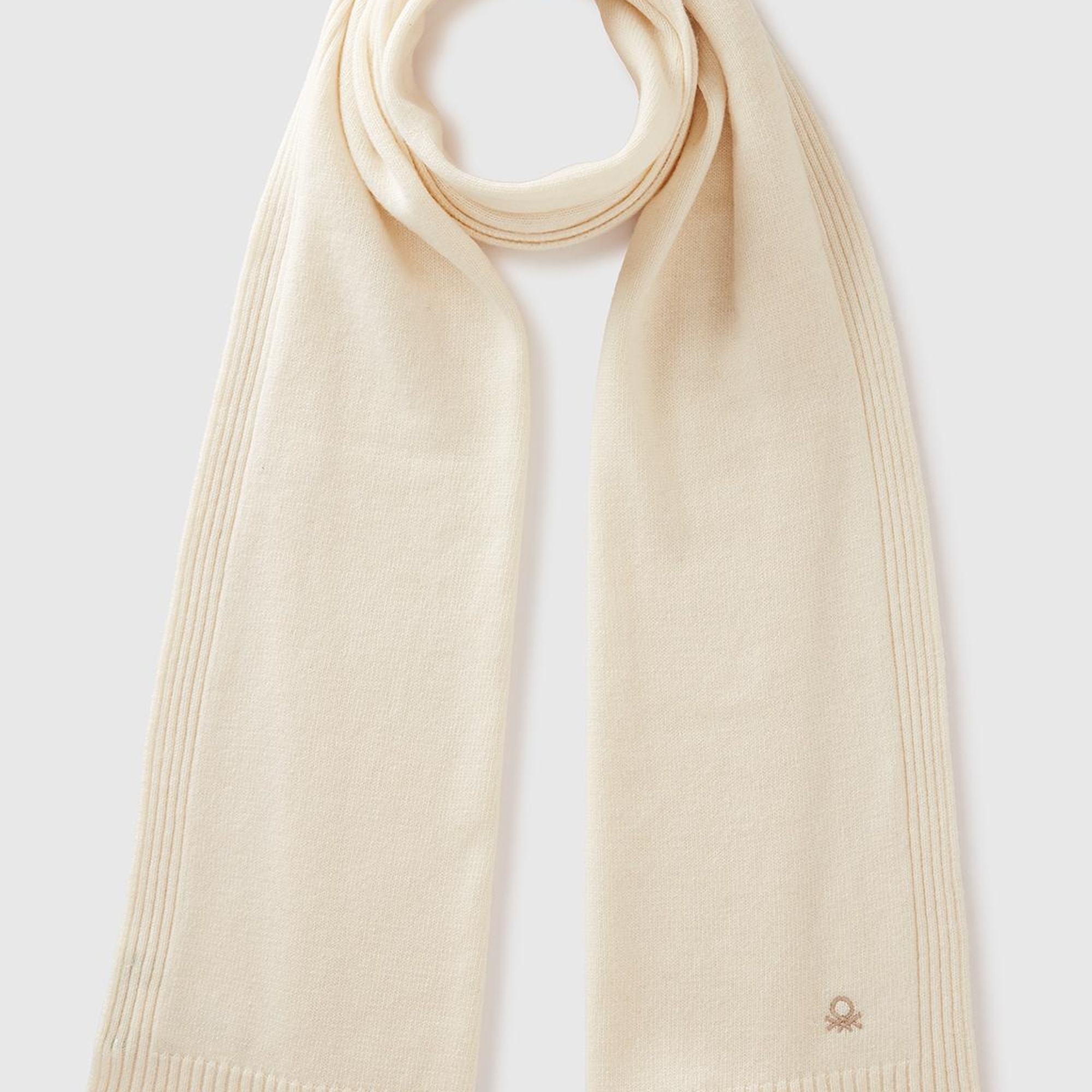 Kadın Krem Yün ve Kaşmir Karışımlı Logo Detaylı Ribanalı Atkı