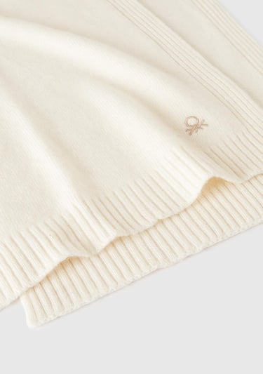  Kadın Krem Yün ve Kaşmir Karışımlı Logo Detaylı Ribanalı Atkı