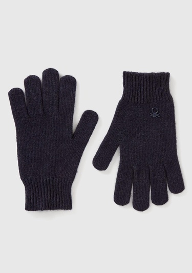  Erkek Çocuk Lacivert Yün ve Viskoz Karışımlı Logo Nakışlı Eldiven