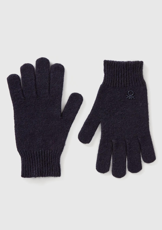 Erkek Çocuk Lacivert Yün ve Viskoz Karışımlı Logo Nakışlı Eldiven