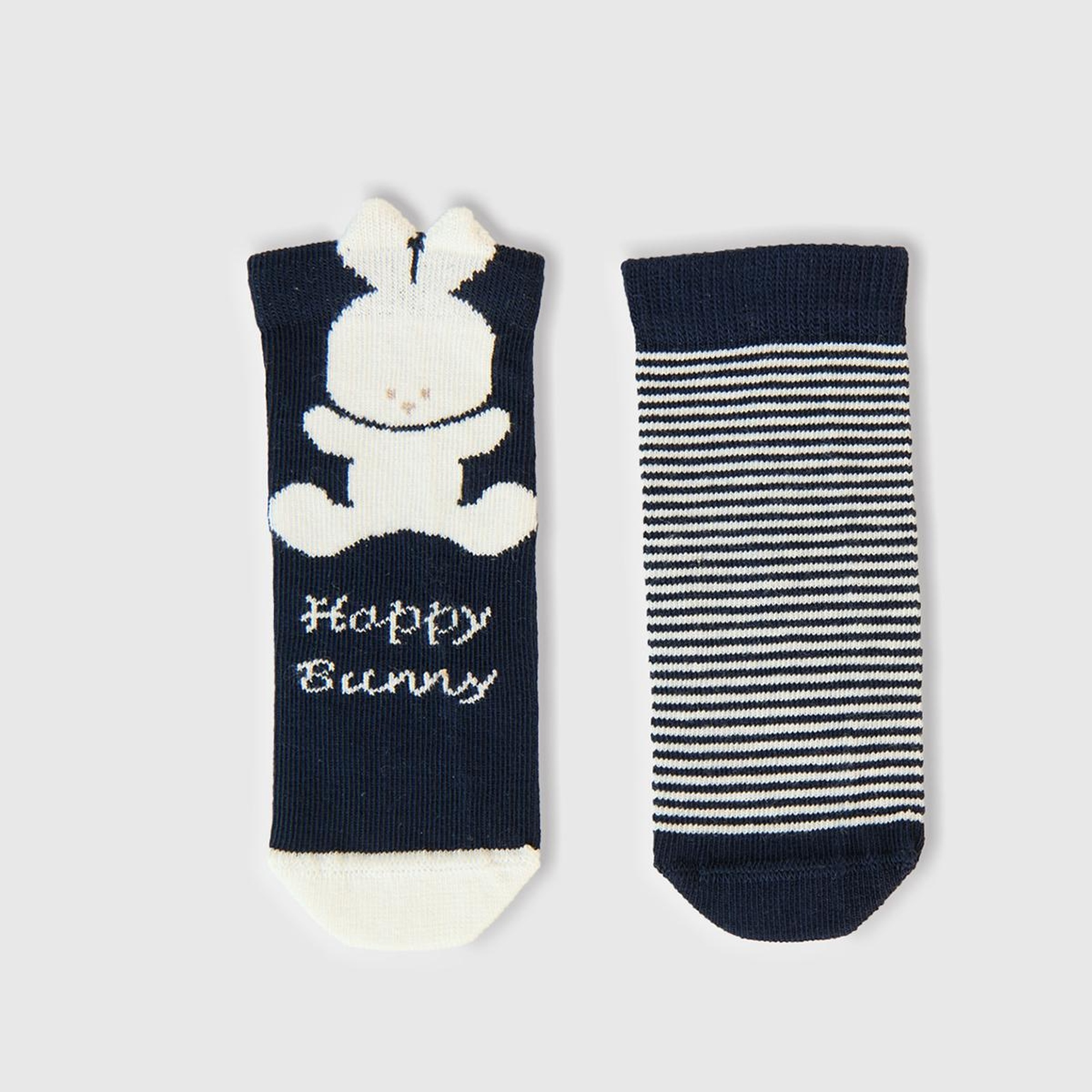 Bebek Lacivert Tavşan Grafikli ve Çizgili 2'li Çorap Seti