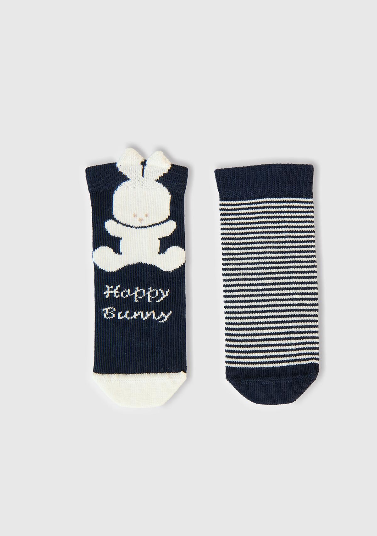  Bebek Lacivert Tavşan Grafikli ve Çizgili 2'li Çorap Seti