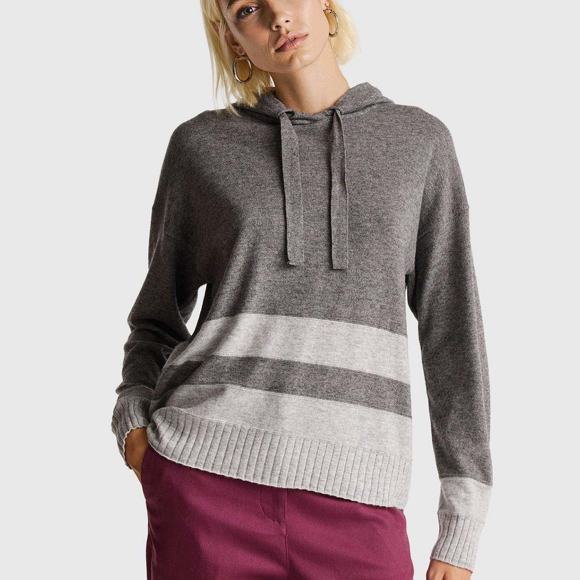 Kadın Antrasit Melanj Yün ve Kaşmir Karışımlı Kapüşonlu Kazak