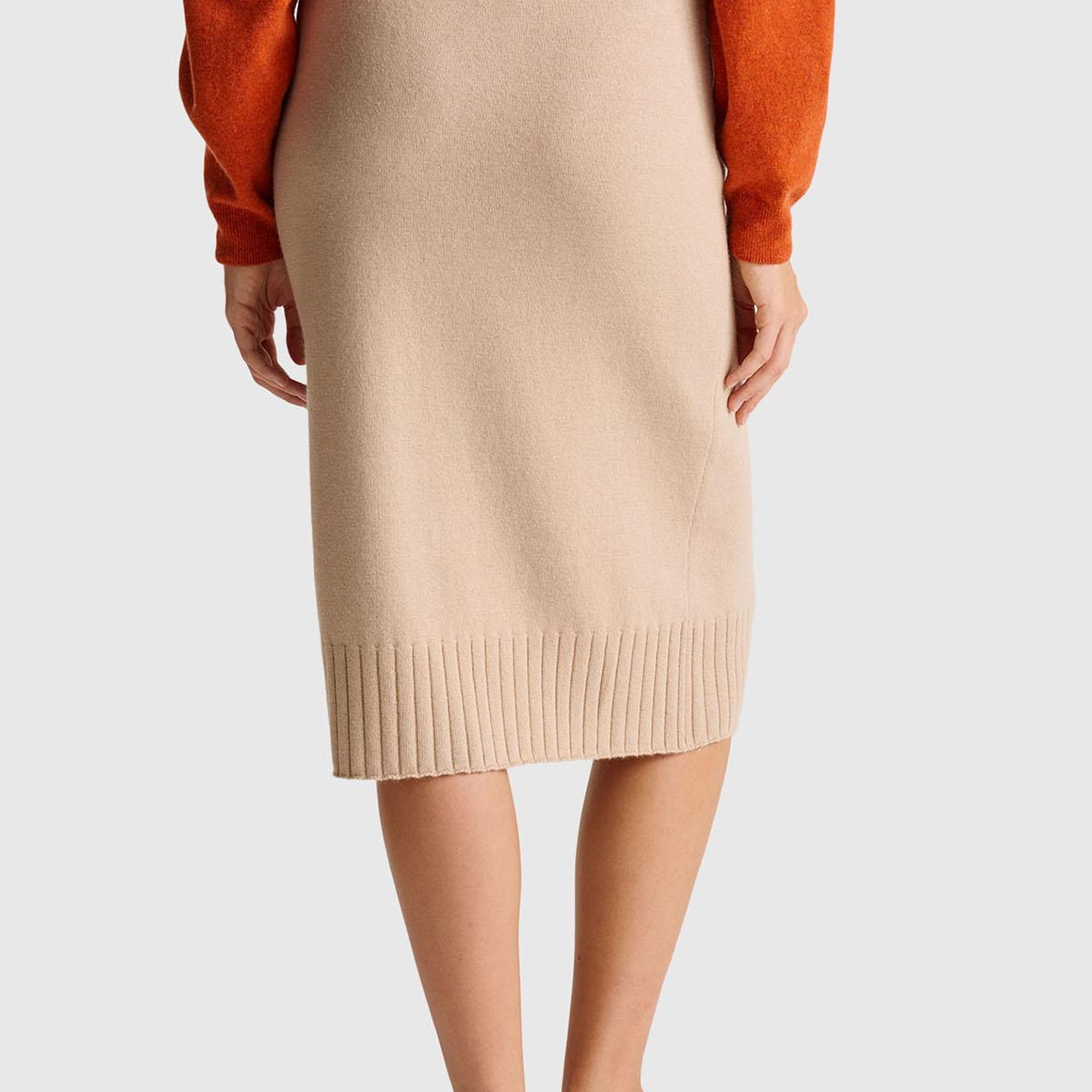 Kadın Bej Pamuk ve Yün Karışımlı Ribana Detaylı Bağcıklı Örme Etek