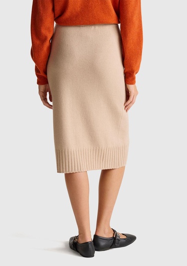  Kadın Bej Pamuk ve Yün Karışımlı Ribana Detaylı Bağcıklı Örme Etek