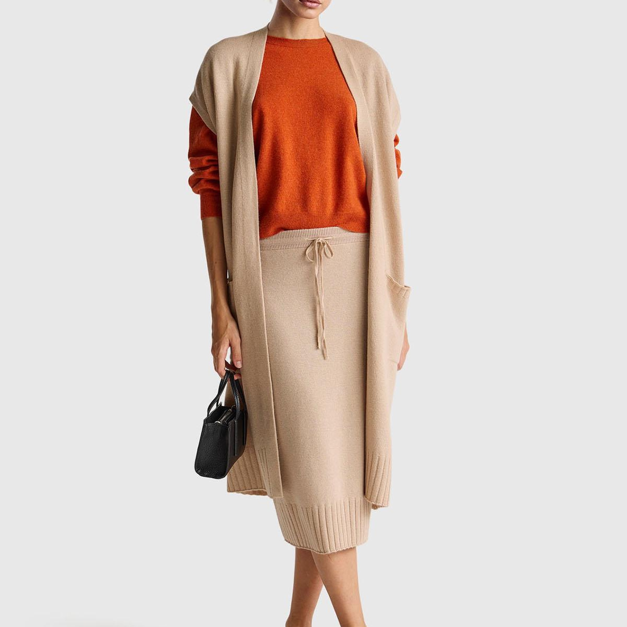 Kadın Bej Pamuk ve Yün Karışımlı Ribana Detaylı Bağcıklı Örme Etek