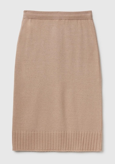  Kadın Bej Pamuk ve Yün Karışımlı Ribana Detaylı Bağcıklı Örme Etek