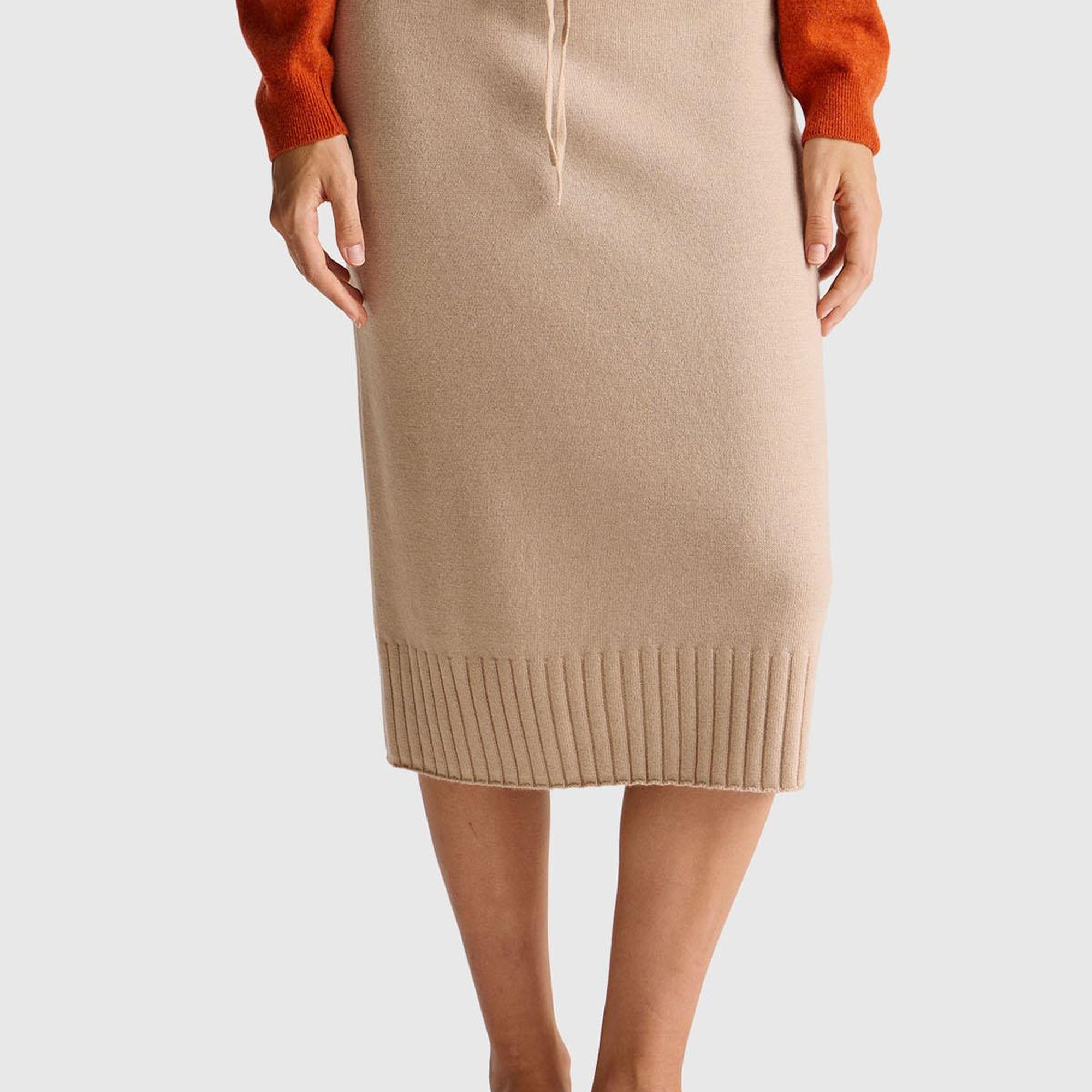 Kadın Bej Pamuk ve Yün Karışımlı Ribana Detaylı Bağcıklı Örme Etek