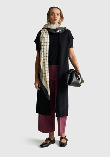  Kadın Sİyah Yün ve Kaşmir Karışımlı Ribana Detaylı Kısa Kollu Uzun Hırka