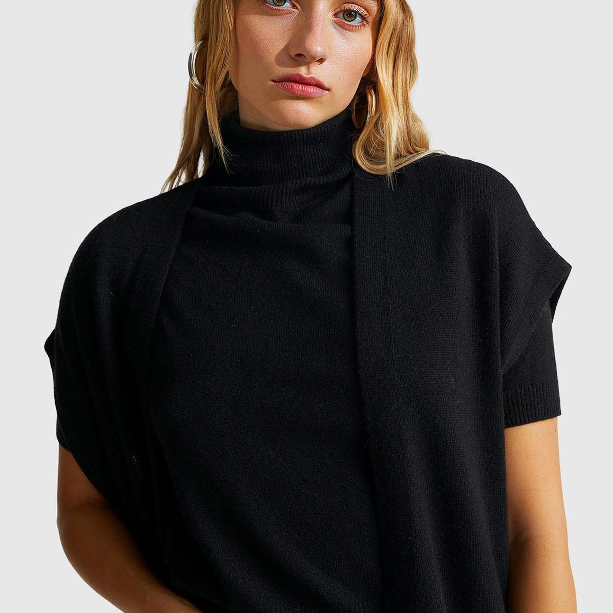 Kadın Sİyah Yün ve Kaşmir Karışımlı Ribana Detaylı Kısa Kollu Uzun Hırka