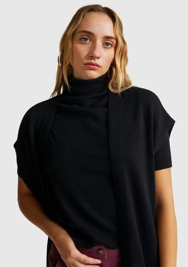  Kadın Sİyah Yün ve Kaşmir Karışımlı Ribana Detaylı Kısa Kollu Uzun Hırka