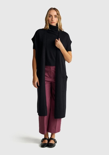  Kadın Sİyah Yün ve Kaşmir Karışımlı Ribana Detaylı Kısa Kollu Uzun Hırka