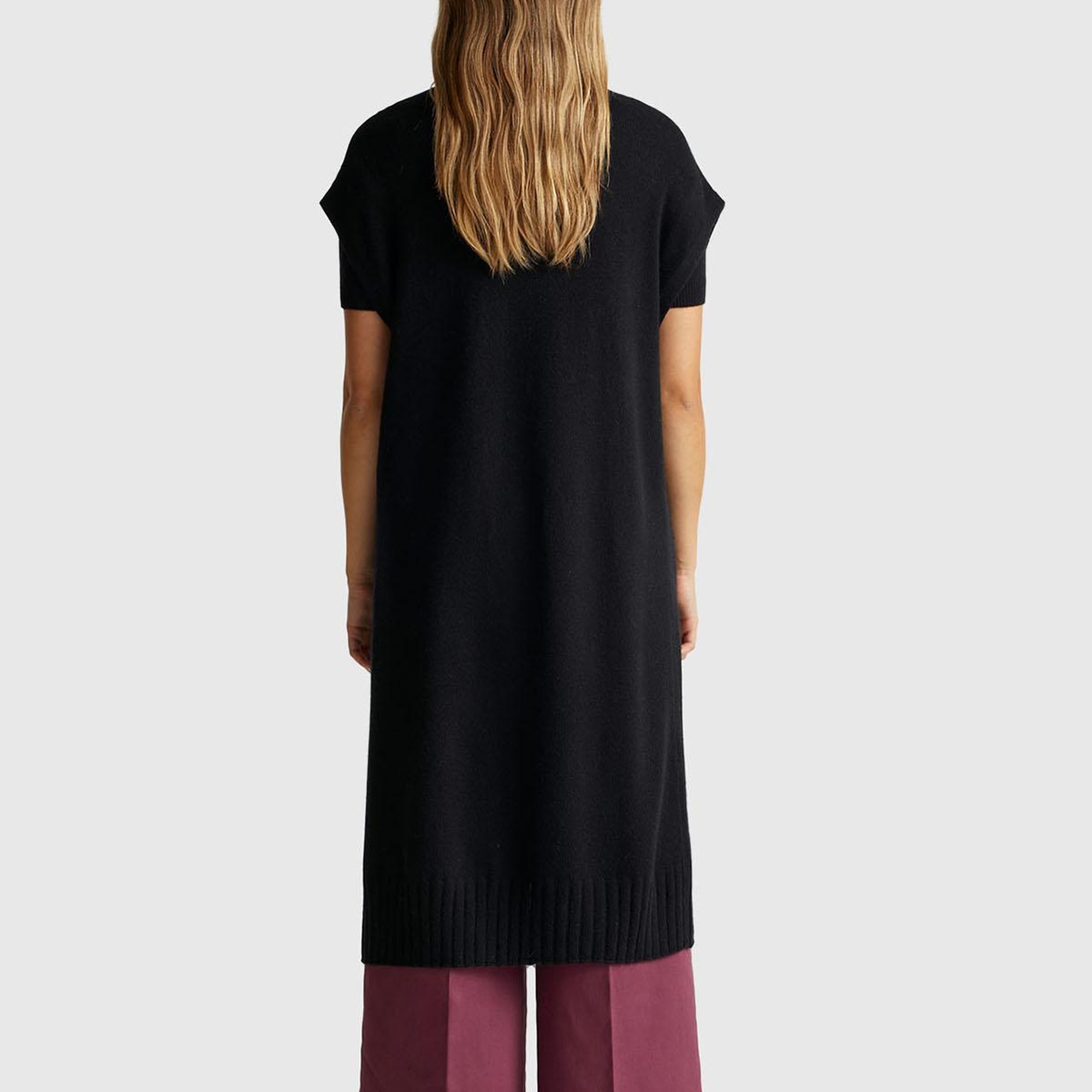 Kadın Sİyah Yün ve Kaşmir Karışımlı Ribana Detaylı Kısa Kollu Uzun Hırka