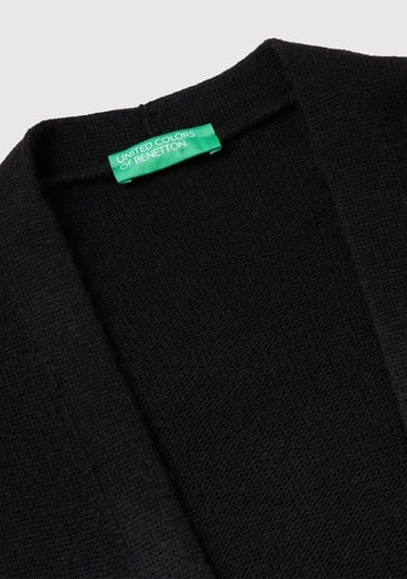  Kadın Sİyah Yün ve Kaşmir Karışımlı Ribana Detaylı Kısa Kollu Uzun Hırka