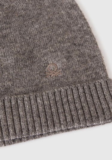  Kadın Antrasit Melanj Yün ve Kaşmir Karışımlı Önü Logo Detaylı Ribana Detaylı Bere