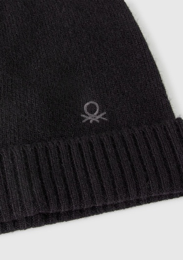  Kadın Sİyah Yün ve Kaşmir Karışımlı Önü Logo Detaylı Ribana Detaylı Bere