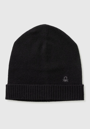  Kadın Sİyah Yün ve Kaşmir Karışımlı Önü Logo Detaylı Ribana Detaylı Bere