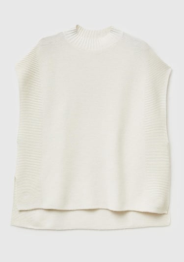  Kadın Krem Yün Karışımlı Ribana Detaylı Yırtmaçlı Kolsuz Kazak