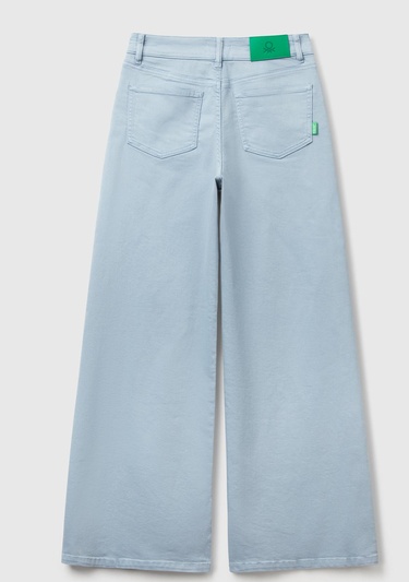  Kadın Açık Mavi Streç Pamuklu Arkası Logo Etiketli Bol Kesim Pantolon